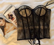 Black Lace Mesh Overbust Corset Top Sheer Floral Boned Women