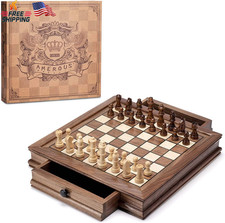 Magnetic Wooden Chess Set 12.8 Inch Walnut Board Storage Drawers Bonus Queens