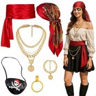 Pirate Costume Accessories Set for Women &Menâ€“ Head Scarf, Satin Sash, Belt &