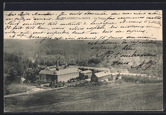 Old postcard Saint-Laurent-les-Bains, La Trappe with view of the monastery surrounded by for 