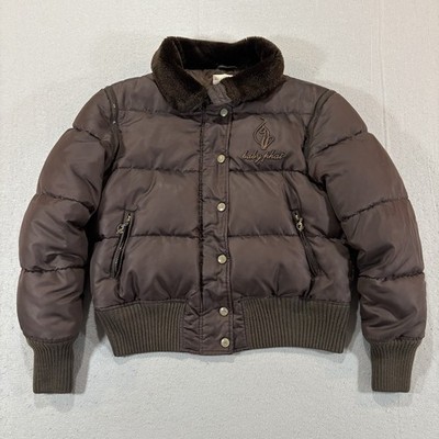 Y2K Baby Phat Down Puffer Bomber Faux Fur Collar Sz L Brown Crop Vintage Read