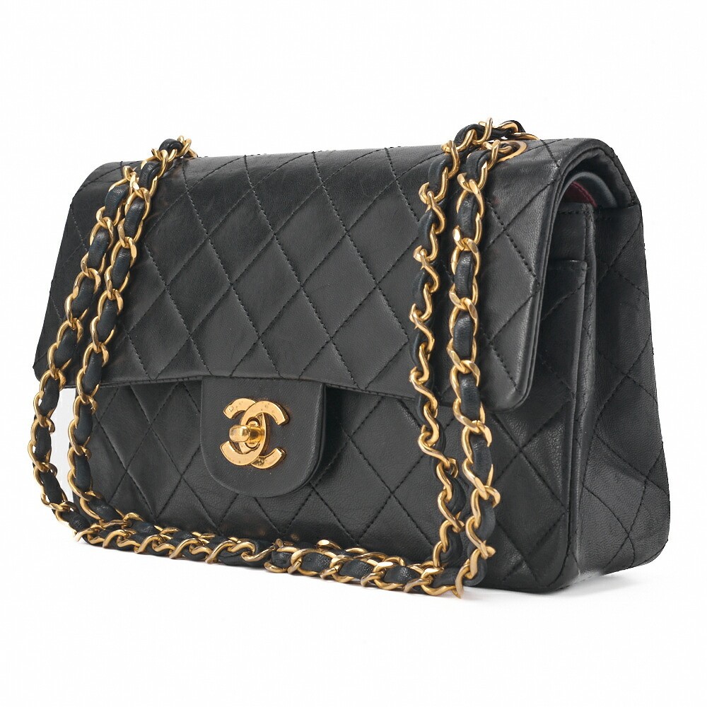 CHANEL Matelasse 23 Double Flap Shoulder Bag Black Lambskin Chain 388497