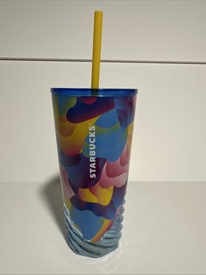 NEW Starbucks Summer Blue Glass 3D Wave Swirl Tumbler 18oz Cup Lid Straw 2024