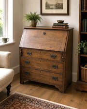 Antique Oak Writing Bureau Fall Front Desk Carved Bureau 2 Drawer Secretary