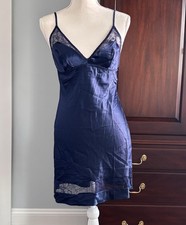 Victoria  s Secret Satin Navy Blue Lace Mini Slip Dress Nightie Teddy Gown M NWT