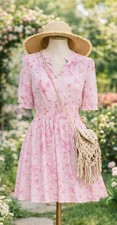 Nine West Pink Floral Dress M NWT Smocked Waist Short Sleeve Mini