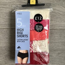 M&S High Rise Shorts Cotton Lycra with Lace Knickers 5 Pack Size 16 Red Mix