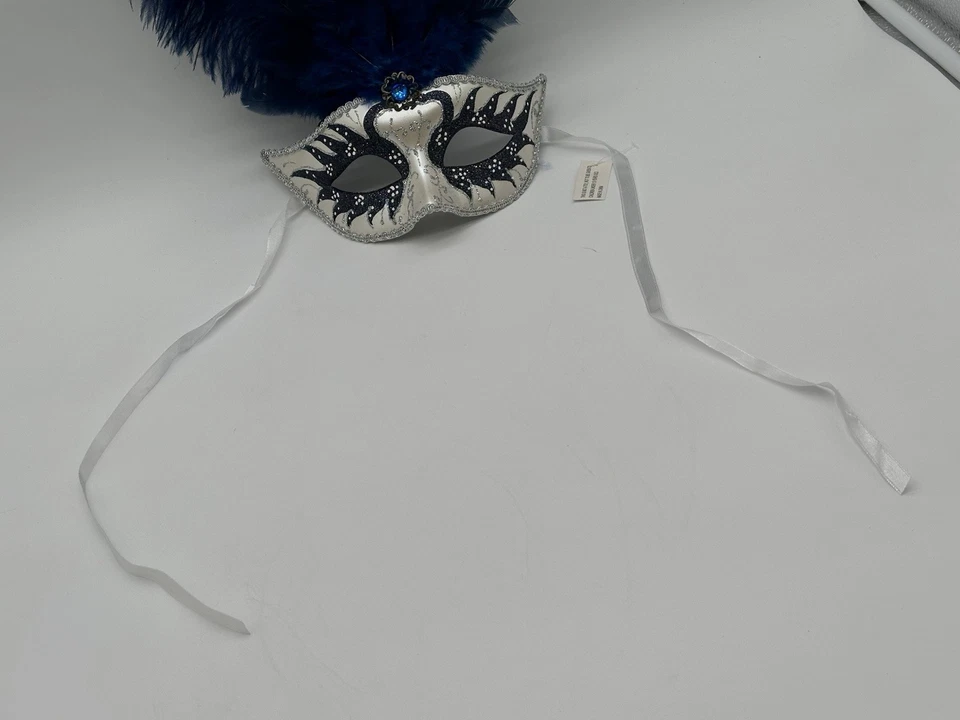 Blue & Silver Venetian Masquerade Mask With Blue Feathers  - Image 3 of 4