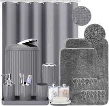 Gray Bathroom Accessories Set Complete with Shower Curtain and Rugs 24PCS