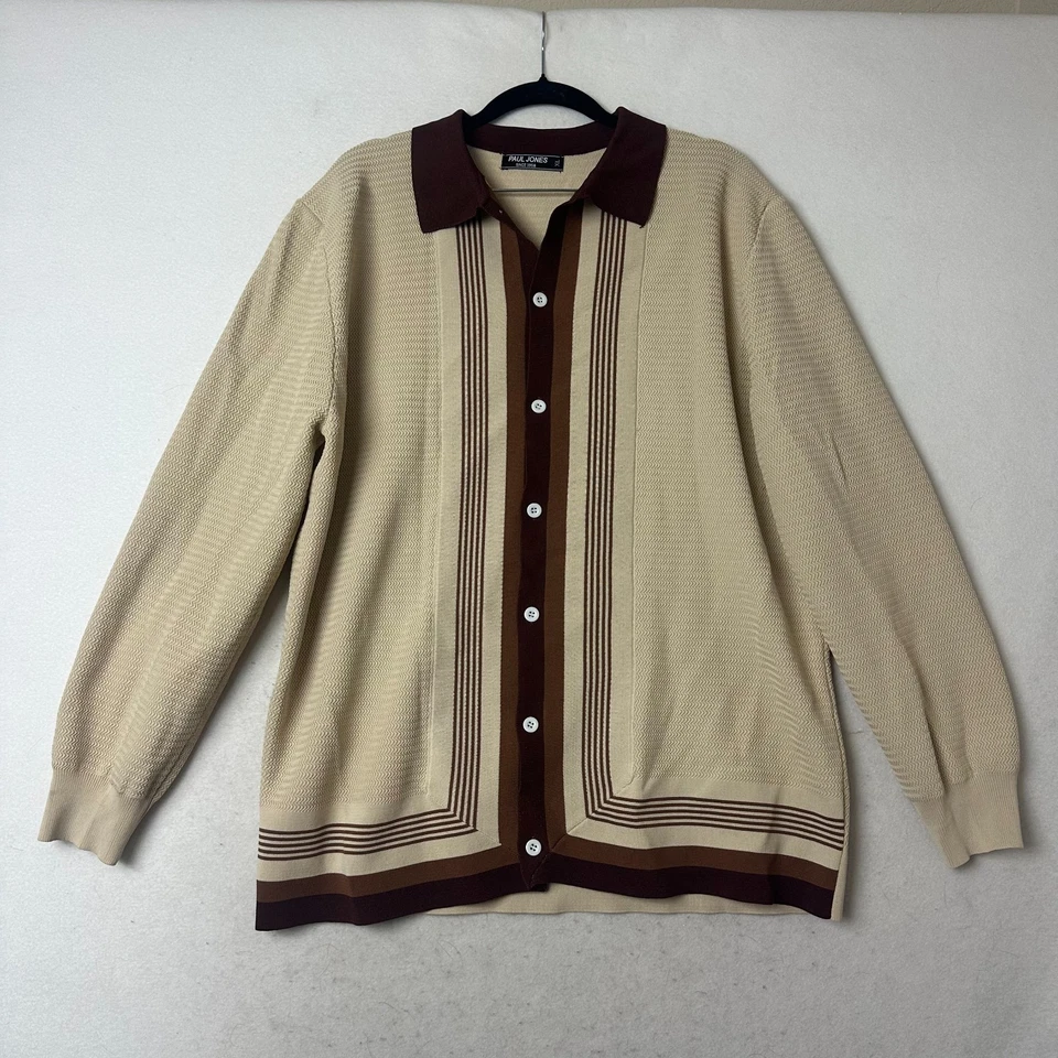 Camisa Paul Jones Tejida a Rayas Botones Talla XL Coastal Grandpa Retro Marrón Tostado Foto 2 de 4