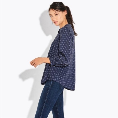 AYR Chica Blouse Navy Blue Polka Dot Long Sleeve Top Puff Sleeve Buttons Sz XS - Picture 3 of 15