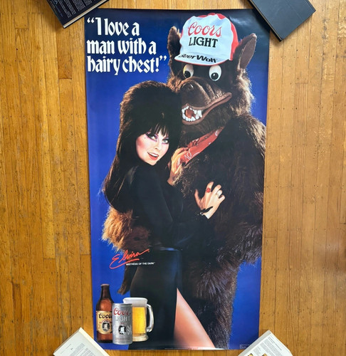 Vtg 1986 Elvira Mistress of the Dark & Beer Wolf Coors 56" x 28.5" Promo Poster