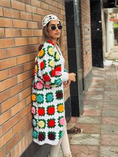 Valentine Rainbow Granny Square Crochet Cardigan Coat Hand Knitted Rose Jumper