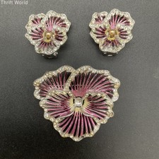 Vintage Marcel Boucher 3454 Enamel Pansy Demi Parure Brooch Earrings