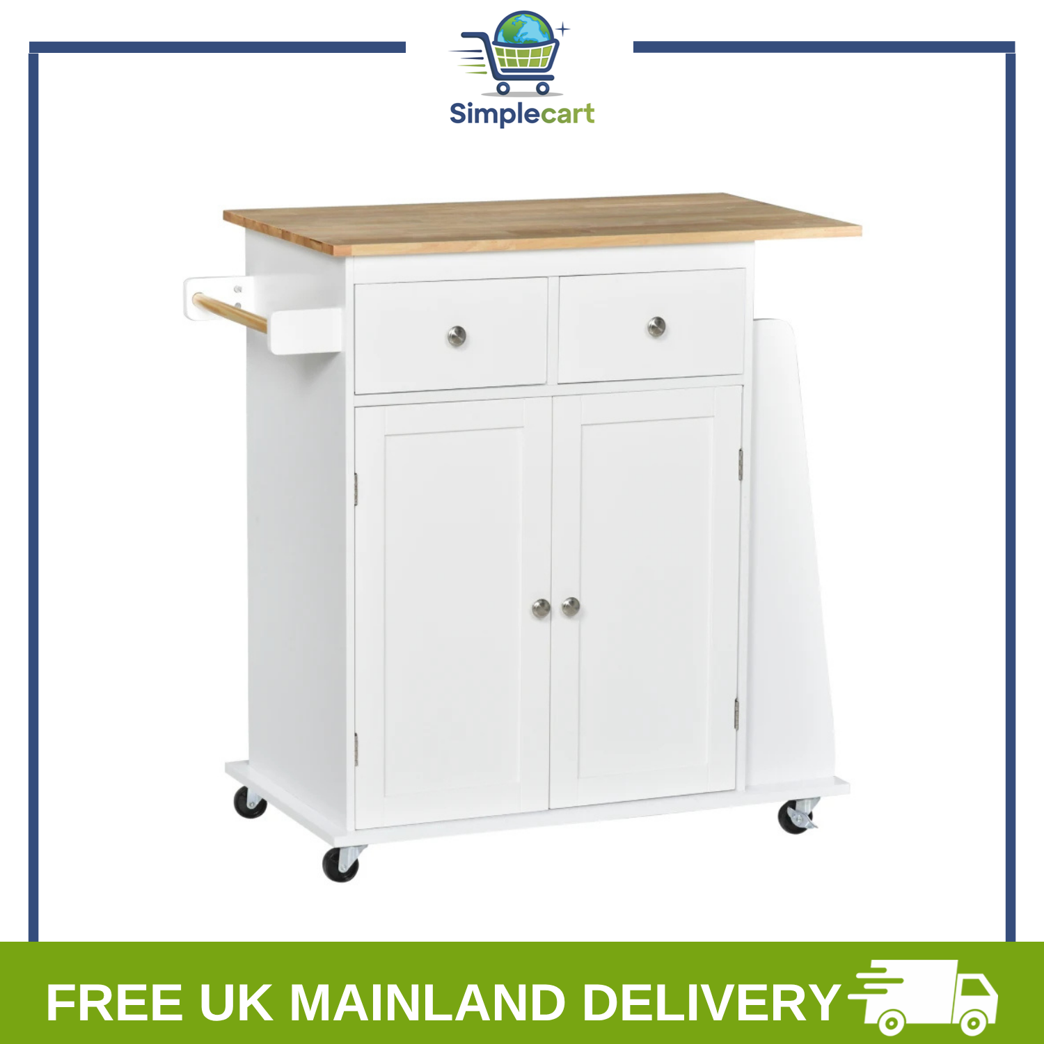 Homcom Kitchen Cart, Particle Board, Rubber Wood White 890 X 450 X 895 Mm - Image 2