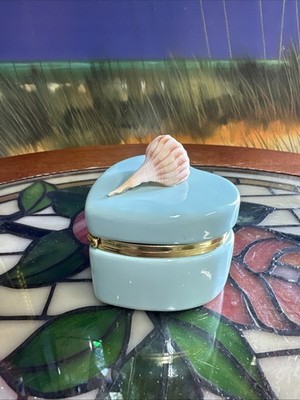 Aqua Blue Trinket Box With Seashell, BEACHY/ Nautical  3 x2.75 x3.5 