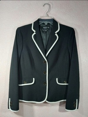 Jones New York Lined  Black Stretchy Blazer With White Piping And Pockets Size 6