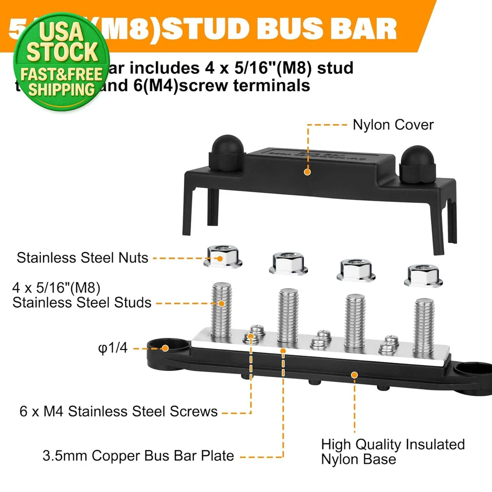 12V 250A Power Distribution Block 4x5/16 Stud 6x#8 Terminal Red Black Pair - Image 3 of 4