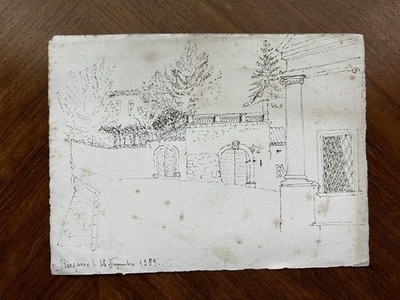 Antique 1889 Ink Drawing Bergamo Italy Villa Garden Classical Column Sketch