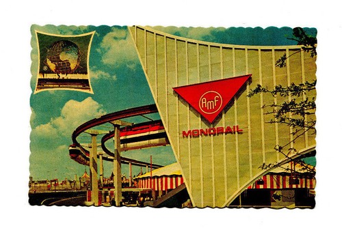 Postcard NY Worlds Fair 1964 AMF MONORAIL Large logo scalloped