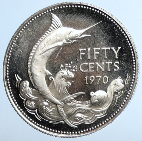 1970 BAHAMAS UK Queen Elizabeth II Marlin Proof Silver Coin 50 Cent Coin i110959 - Afbeelding 1 van 3