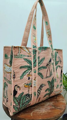 Indian Peach Tiger Printed Quilted Shoulder Bag Women's Beach Cotton Handbag US