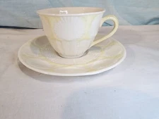 BELLEEK Green Mark, New Shell Yellow, Porcelain Cup & Saucer, Ireland NICE!