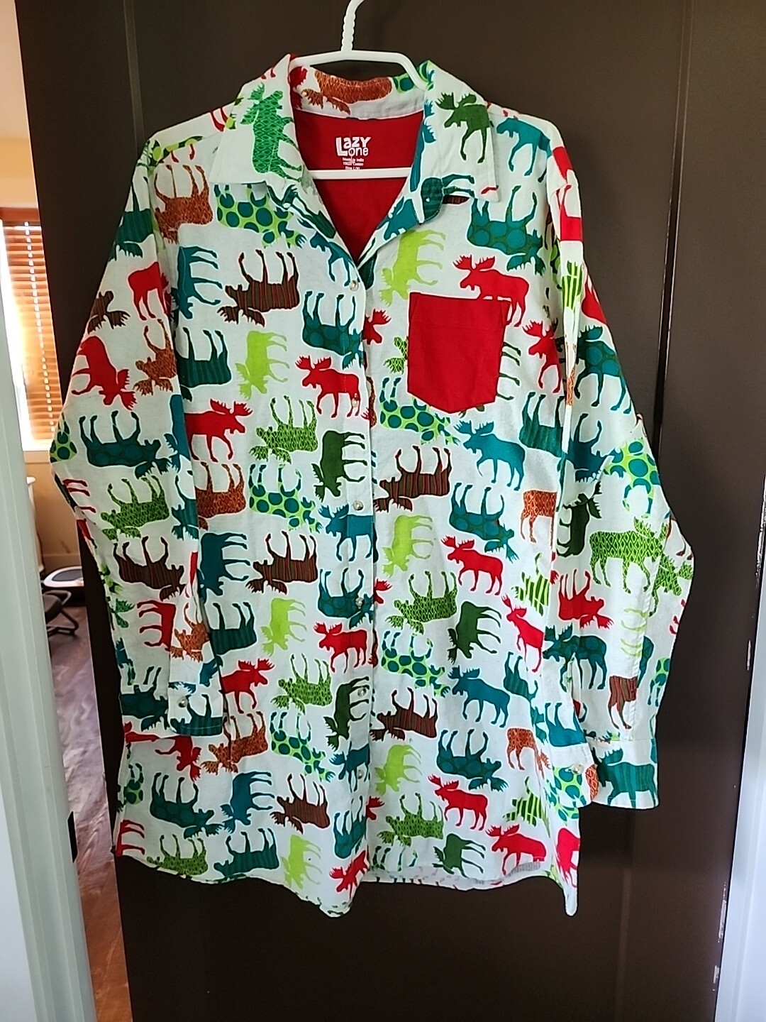 Lazy One Women's Nightshirt Pajama Top l/xl Flannel Moose Button Down