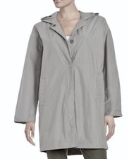 Eileen Fisher Round Neck Hooded Long Raincoat,pewter, Xs
