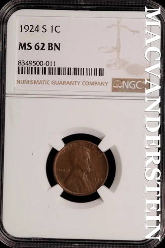 1924-S Lincoln Wheat Cent - NGC MS 62 BN - Scarce  No Reserve  #SLH88