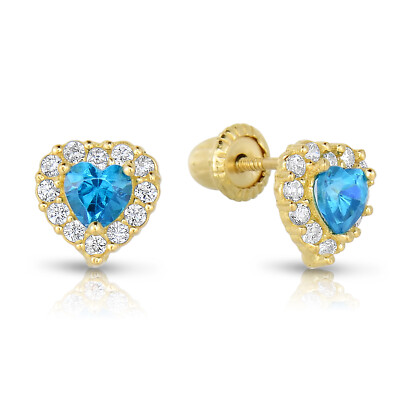 14K Solid Yellow Gold Heart Halo Birthstone CZ Sleeper Studs Earrings Screw-back