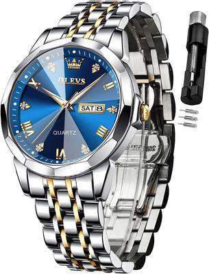 Analog Quartz Dress Watch with Diamond Dial Stainless Steel Waterproof DISEN Classic Diamond Gold Watches for Men, Stainless Steel  main image 3