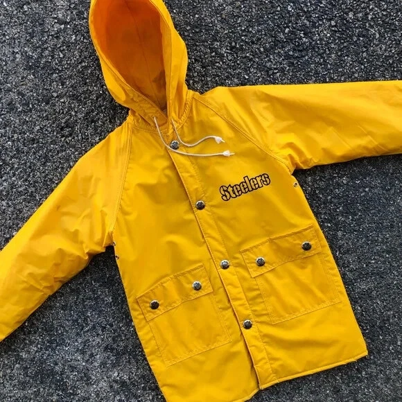 Vtg 80's Pittsburgh Steelers Yellow NFL Button-Down Youth Raincoat | eBay