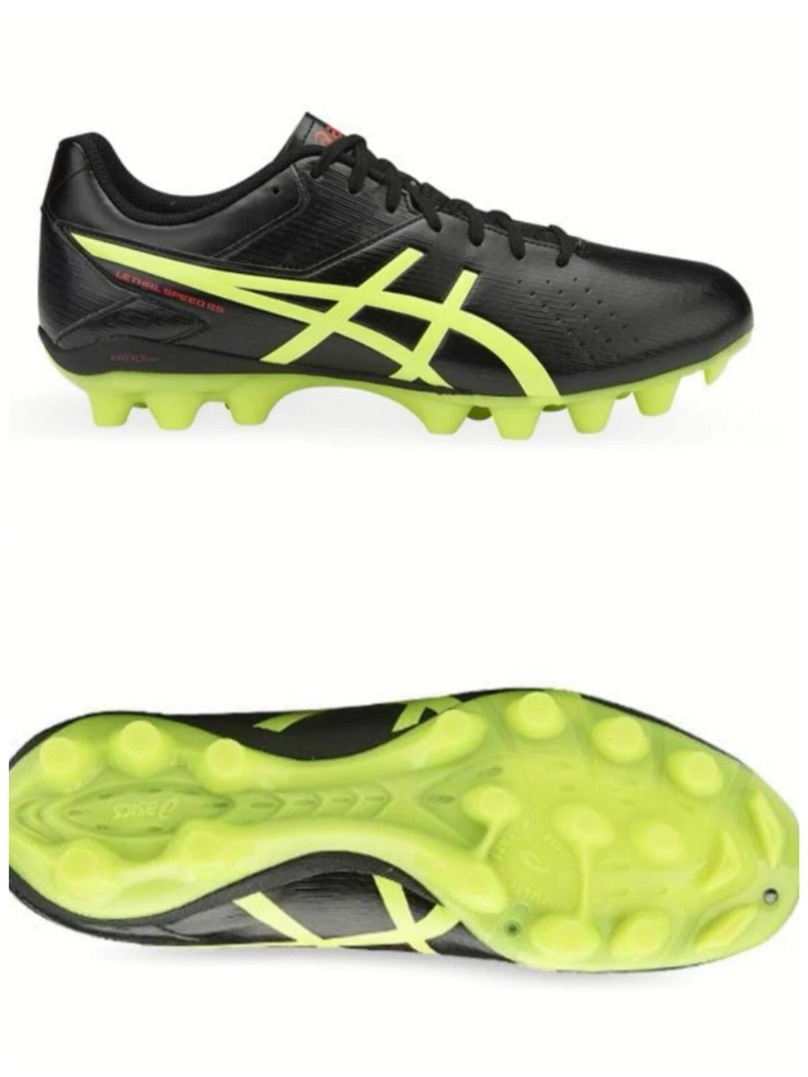 Black and yellow top asics football boots