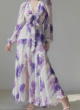 Womens Occident Summer v-neck Long sleeves Print Floral long Dress