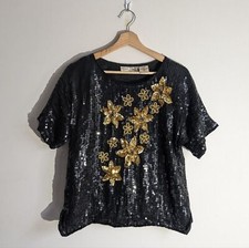 Vintage Black Gold Sequin Floral Blouse Top Shirt Oversized Women's Size Small