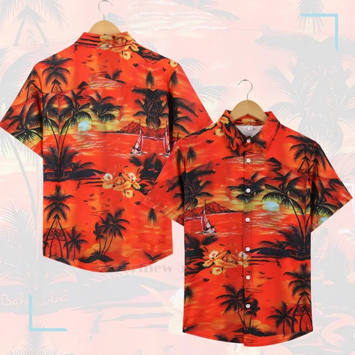 Hawaiianisches Hemd Herren Kokosnussbaum Druck Strand Urlaub Aloha Party kubanischer Kragen - Bild 10 von 48