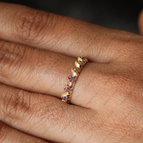 Regenbogen Saphir Herz Eternity Ring 14k Gelbgold Geschenk zum Jubiläum Band - Bild 5 von 5