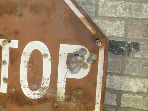 Vintage Original Embossed Metal Stop Sign 24x24 Heavy Steel 1950s - Bullet Holes - Picture 3 of 9