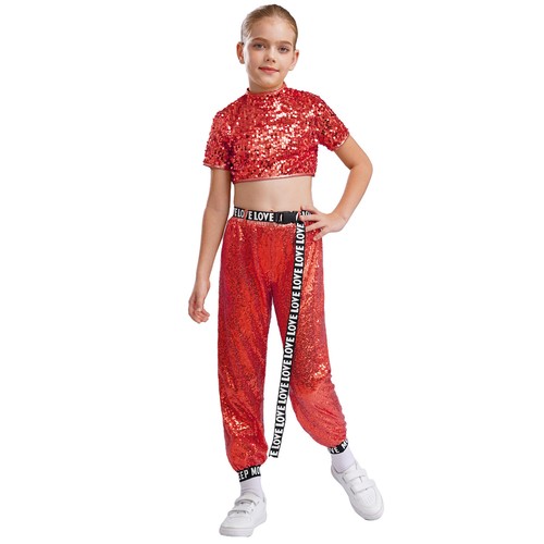 Kids Girls Set Elastic Waist Outfit Jazz Suits Sequins Pants Sparkly Trousers - Picture 53 of 81