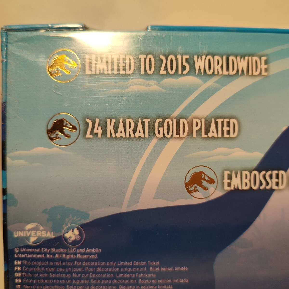 Jurassic World Gyrosphere Ticket Replica Official 24k Gold Plated