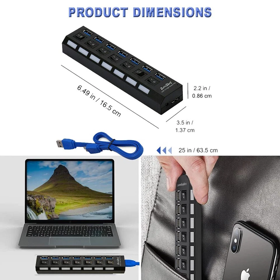 7 Ports USB 3.0 Hub On/Off Switch High Speed Splitter AC Adapter Cable PC Laptop - Image 3 of 4