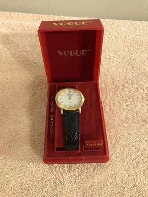 Vintage Vogue Women s Wrist Watch Goldtone Accent Red Plastic Box NOS