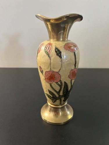 Vintage Cloisonne Enamel Painted Brass Vase with Pink Flowers Made in India 8" - Picture 3 of 19