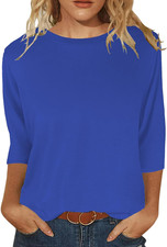 Womens Tops 3/4 Sleeve Shirts round Neck Loose Casual Blouses Solid Color Tshirt
