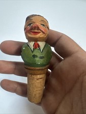 VINTAGE WOODEN WINE BOTTLE TOPPER HAND CARVED PAINTED
