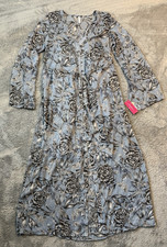 NWT Xhilaration Womens Sundress M Blue Black White Floral Long Sleeve Flowy 