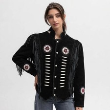 Women's Black Suede Fringe Jacket - Western Cowgirl Beaded Suede Coat