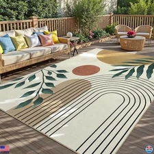 Mid Century Sun Area Rug - Washable Eucalyptus, Non-Slip 5x8 Indoor/Outdoor