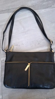 M&S Autogramm schwarz Leder Schultertasche gold Reißverschluss Crossbody Handtasche